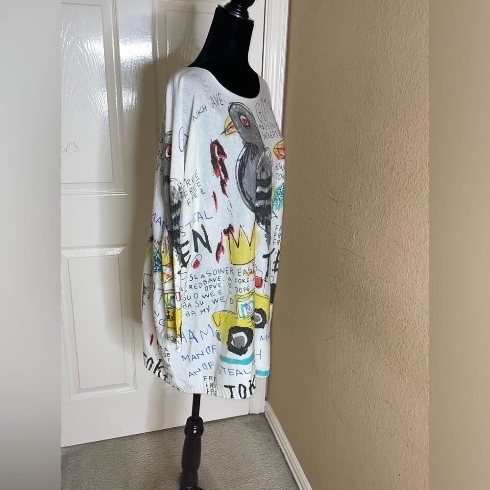 Ellazhu Sweater Womens One Size Gray Graffiti Graphic All Over Print Pullover - Picture 4 of 11